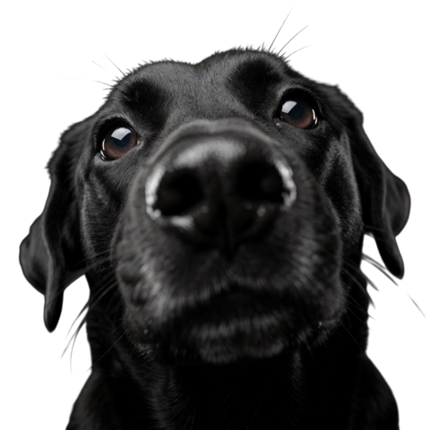 Čierny labrador zblízka, s pohľadom akoby prosil, aby smel zostať